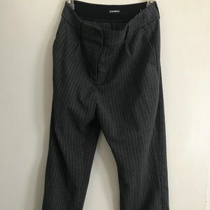 Gray pinstriped trousers.